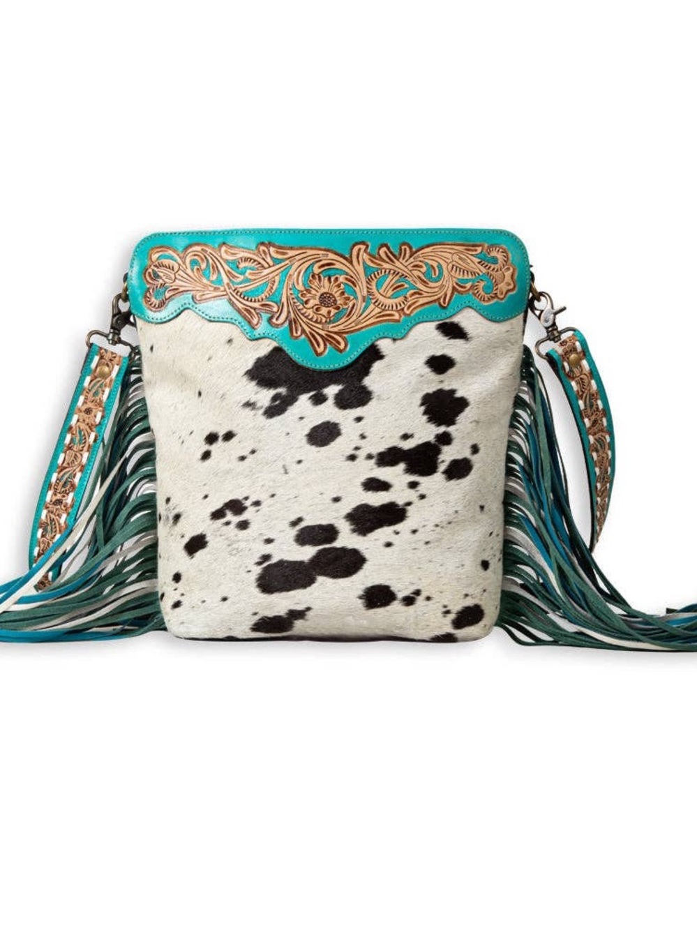 Turquoise & Cowhide Fringe Crossbody Shoulder Bag